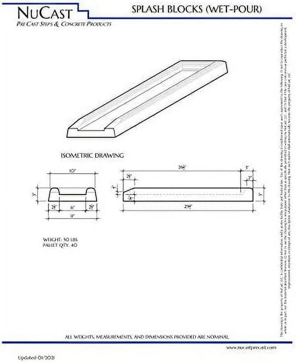 NuCast Precast Concrete Splash Block for Water and Rain Drainage from Home, Gutter, Downspout 3" high x 11" wide x 30" long Solid Concrete