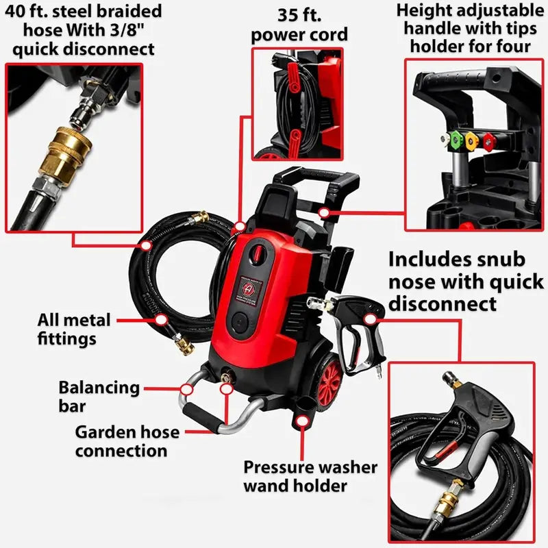 2000 PSI Electric Pressure Washer – 1.4 GPM, Car & Patio Cleaner with Snub Nose & Multiple Tips