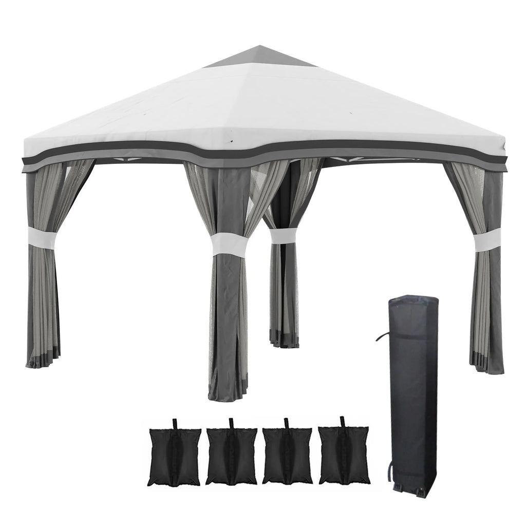 Outsunny 10' x 10' Pop Up Canopy with Nettings, Foldable Party Tent with Wheeled Carry Bag and 4 Sand Bags, Beige