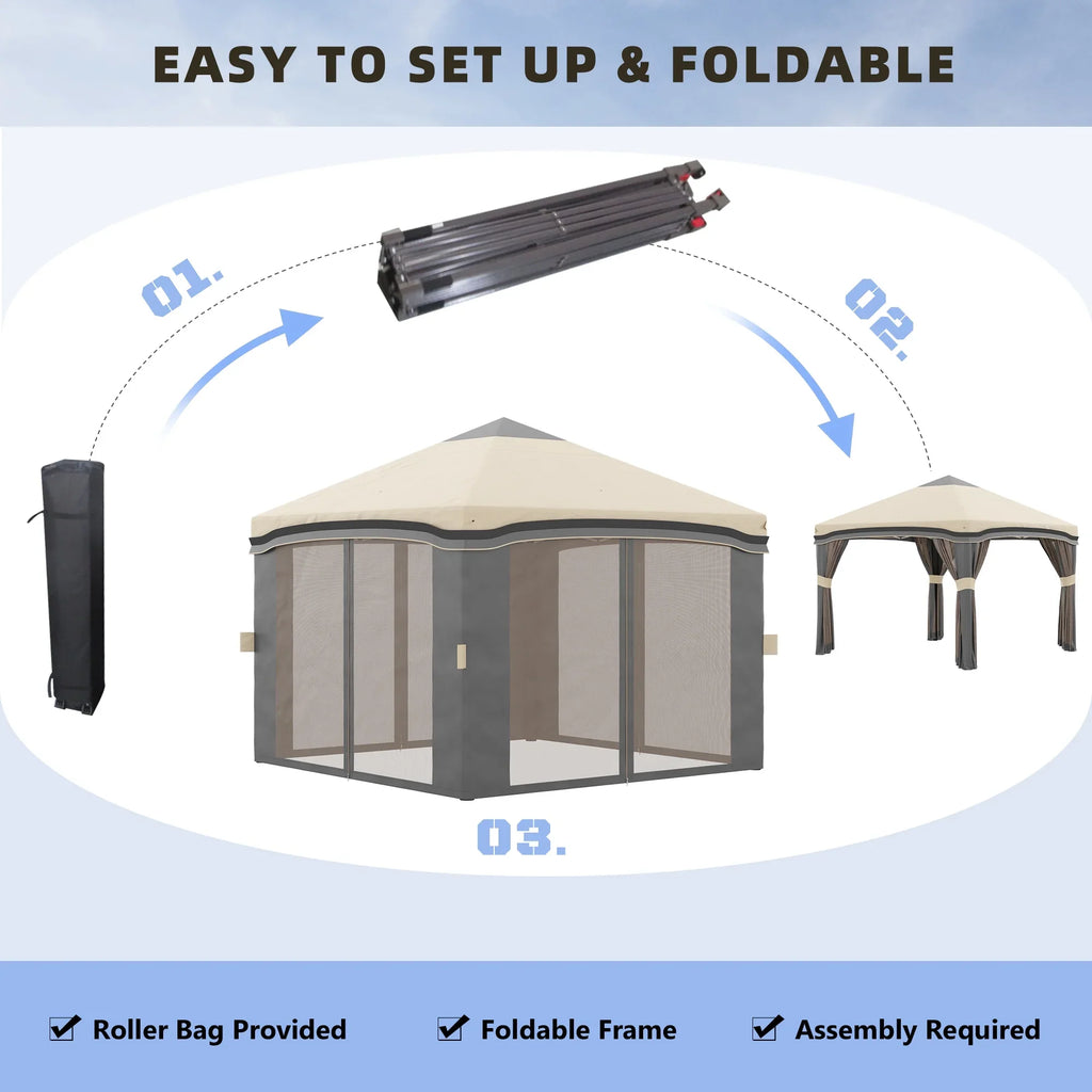 Outsunny 10' x 10' Pop Up Canopy with Nettings, Foldable Party Tent with Wheeled Carry Bag and 4 Sand Bags, Beige