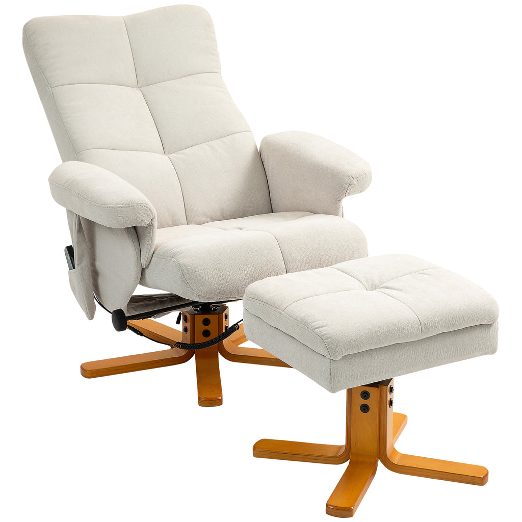 HOMCOM Massagesessel mit Liegefunktion und Fußhocker, 145°-Neigung, Polyester, 80 x 86 x 99 cm, Cremeweiß