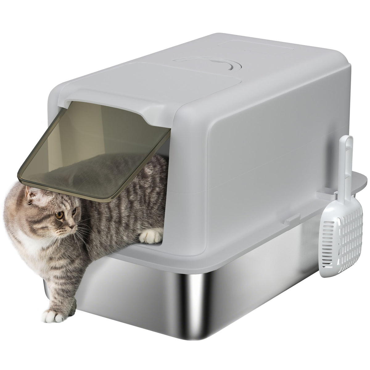 PawHut Katzentoilette, Wanne aus Edelstahl, Filter, Schaufel, für Katzen bis 6 kg, 40,5 x 60,5 x 41,5 cm, Grau/Silber