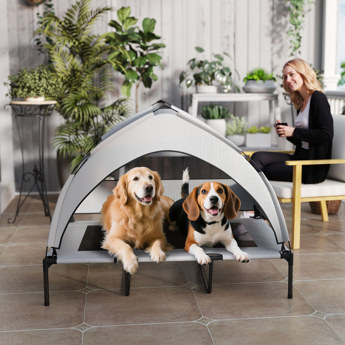 PawHut Hundebett mit abnehmbarer 3-seitiger Abdeckung aus Polyester und Stahl, 122x92x94 cm, Hellgrau und Schwarz