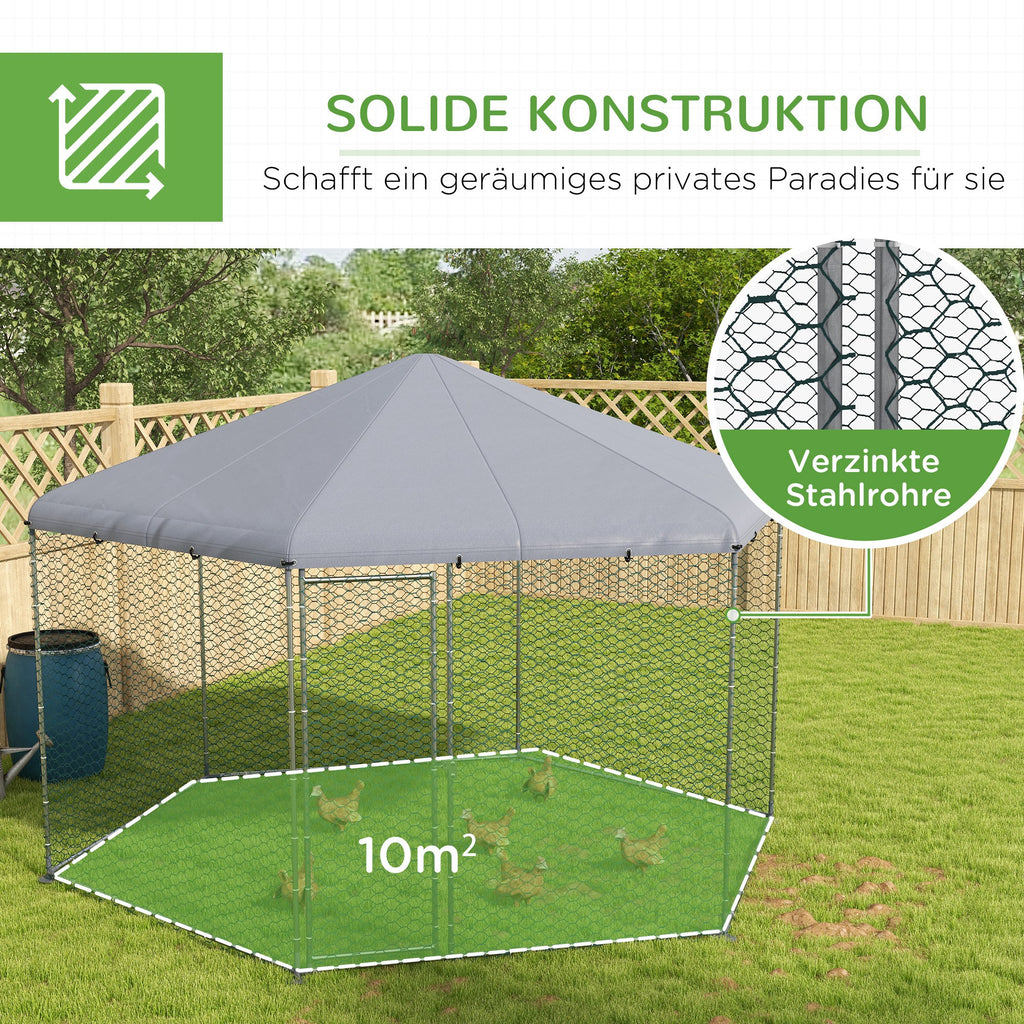 PawHut Hühnergehege mit schattenspendendem Dach, verzinktes Stahl, für 10-15 Tiere, Silber