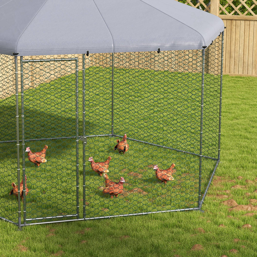 PawHut Hühnergehege mit schattenspendendem Dach, verzinktes Stahl, für 10-15 Tiere, Silber