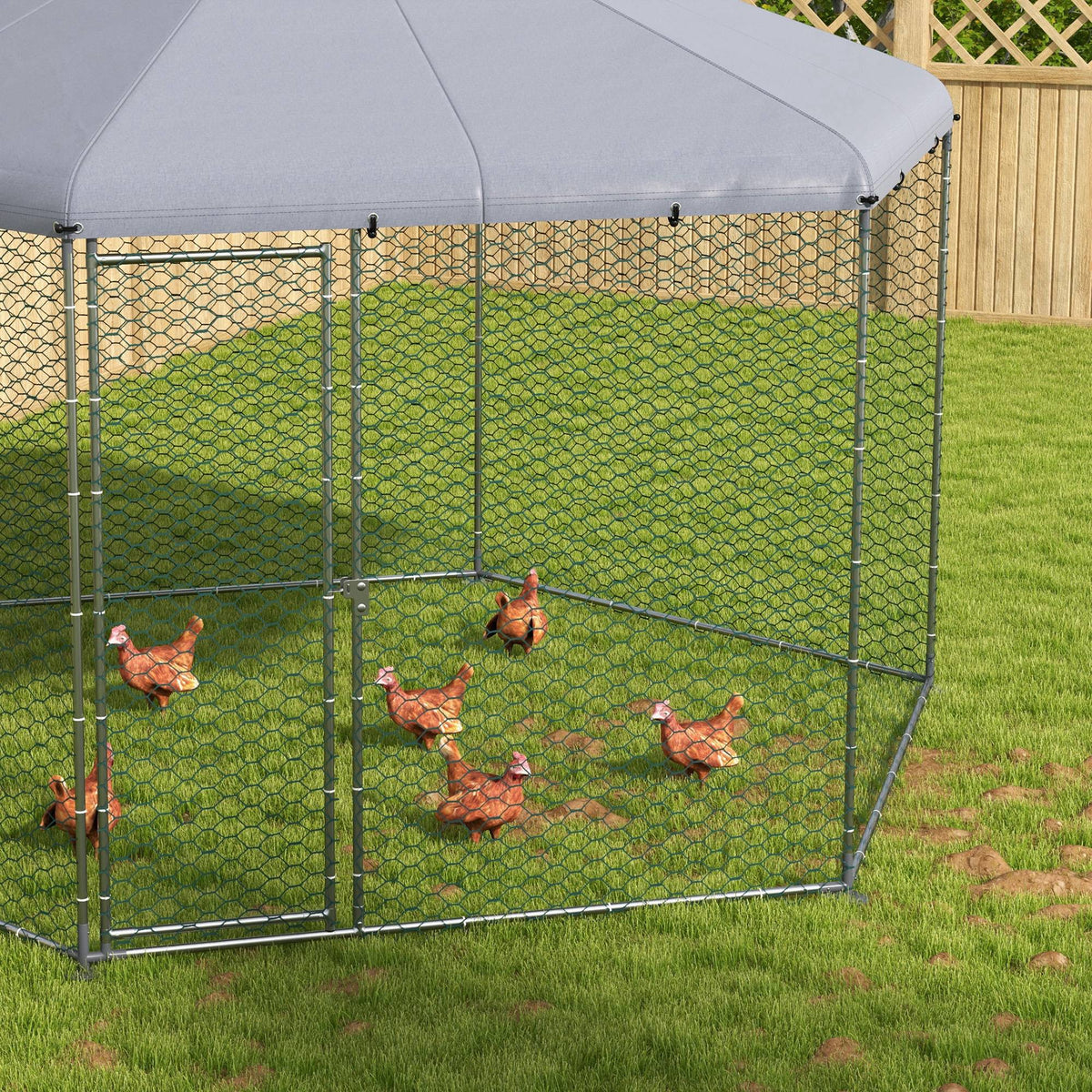 PawHut Hühnergehege mit schattenspendendem Dach, verzinktes Stahl, für 10-15 Tiere, Silber