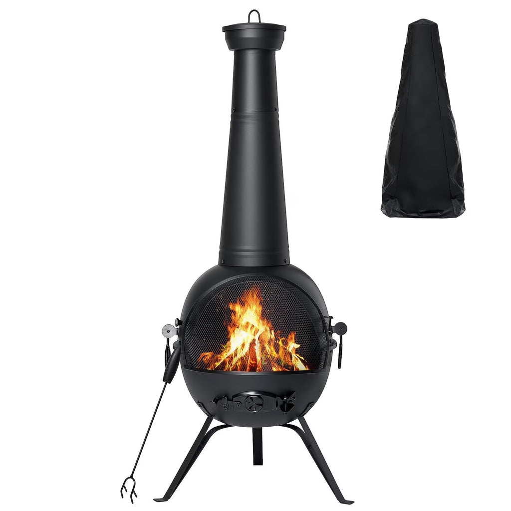 SinglyFire Chiminea Outdoor Fireplace Wood Burning Chimenea Metal Cast Iron Fire Pit with Cover Rain Lids for Backyard Garden Camping Patio Heater