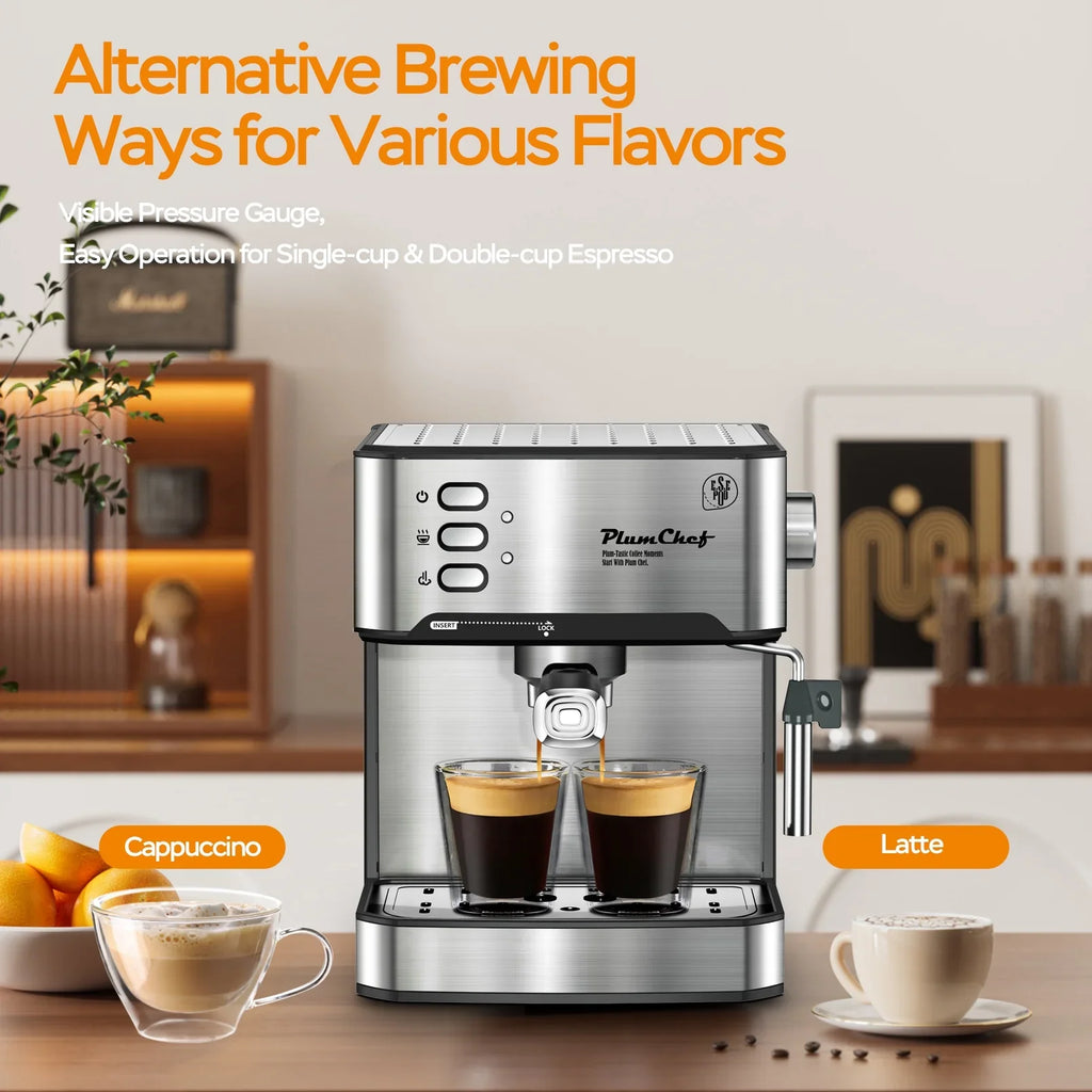 Plum Chef Espresso Machine, 20 Bar Coffee Maker with Foaming Milk Frother Wand, Espresso & Cappuccino Latte Maker Coffee Machine, 850W, 1.6L Removable Water Tank, Black&Silver