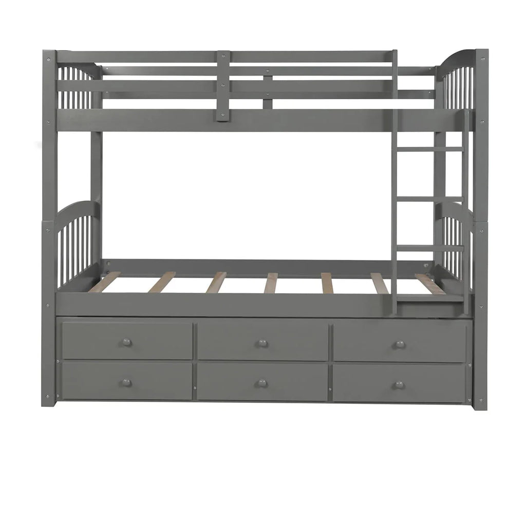 Twin-Over-Twin Bunk Bed with 3 Storage Drawers, Twin Bunk Bed Frame with Ladder & Safety Rail, Pinewood Trundle Bunk Bed for Teen Bedroom, Guest Room Furniture, Can be Convertible to 2 Beds, Gray