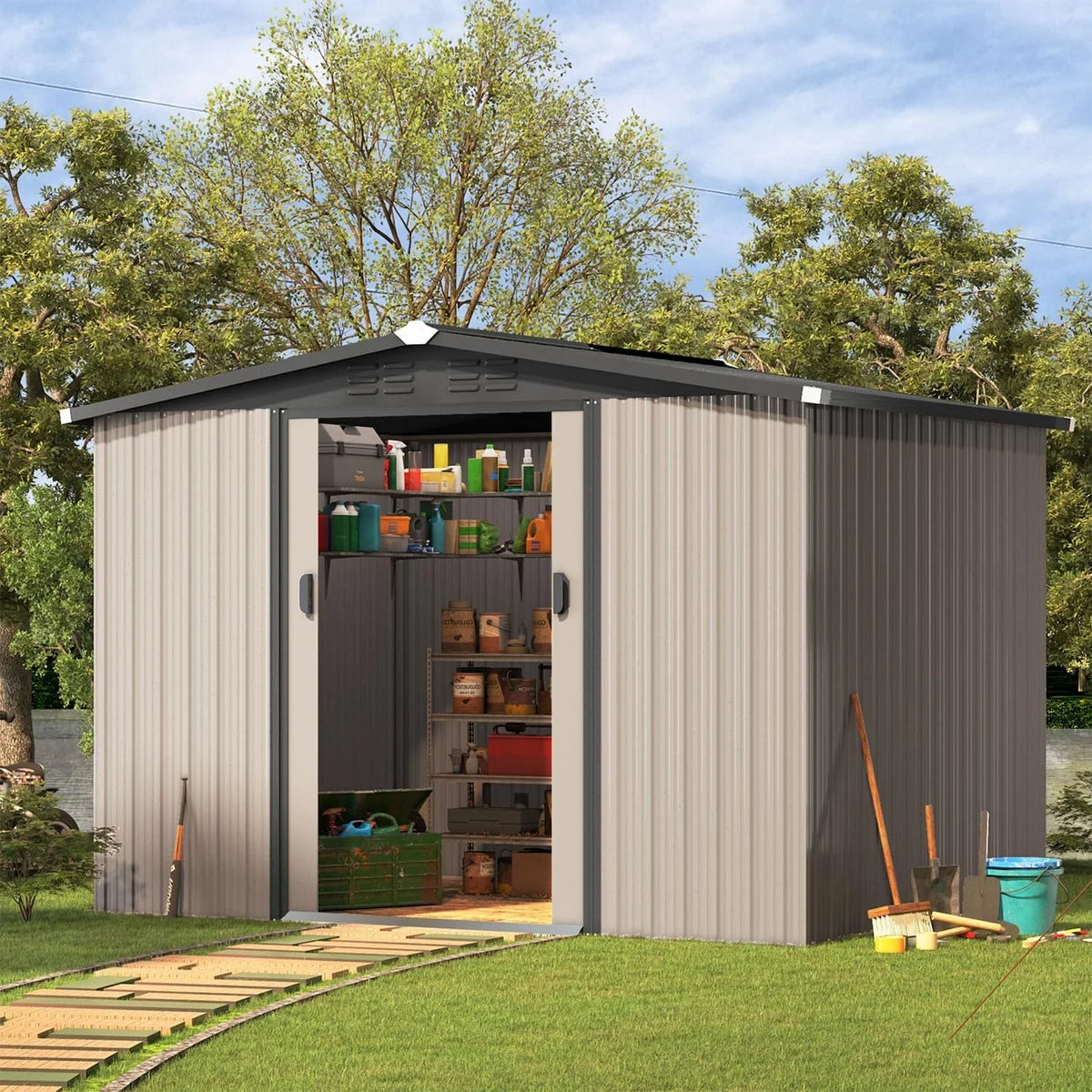 U-MAX 8 x 6 ft. Wood Grain Outdoor Metal Storage Shed with Lockable Door Patio Garden Storage Building for Outside