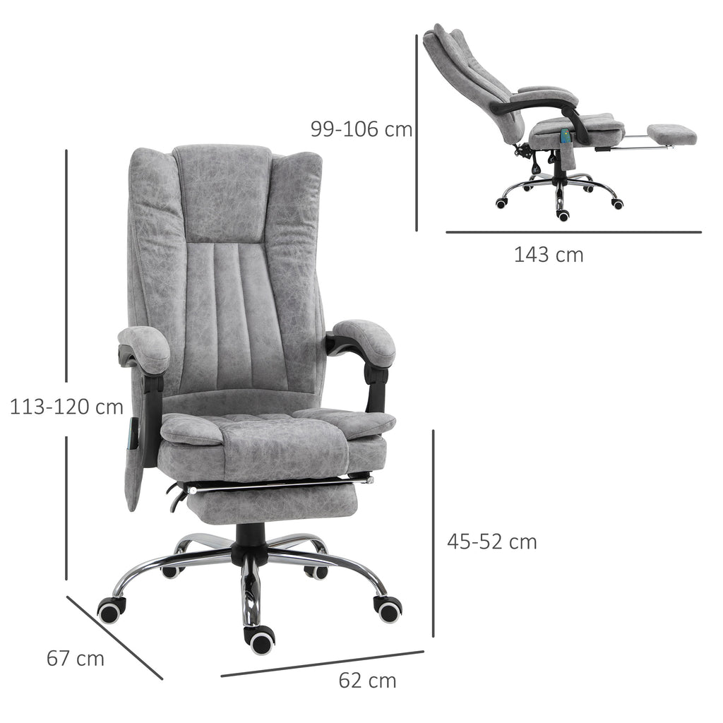 Vinsetto Bürostuhl mit Massagefunktion, Ergonomischer Schreibtischstuhl mit Heizfunktion, Liegefunktion, Höhenverstellbarer Drehstuhl mit Fußstütze, Seitentasche, Grau