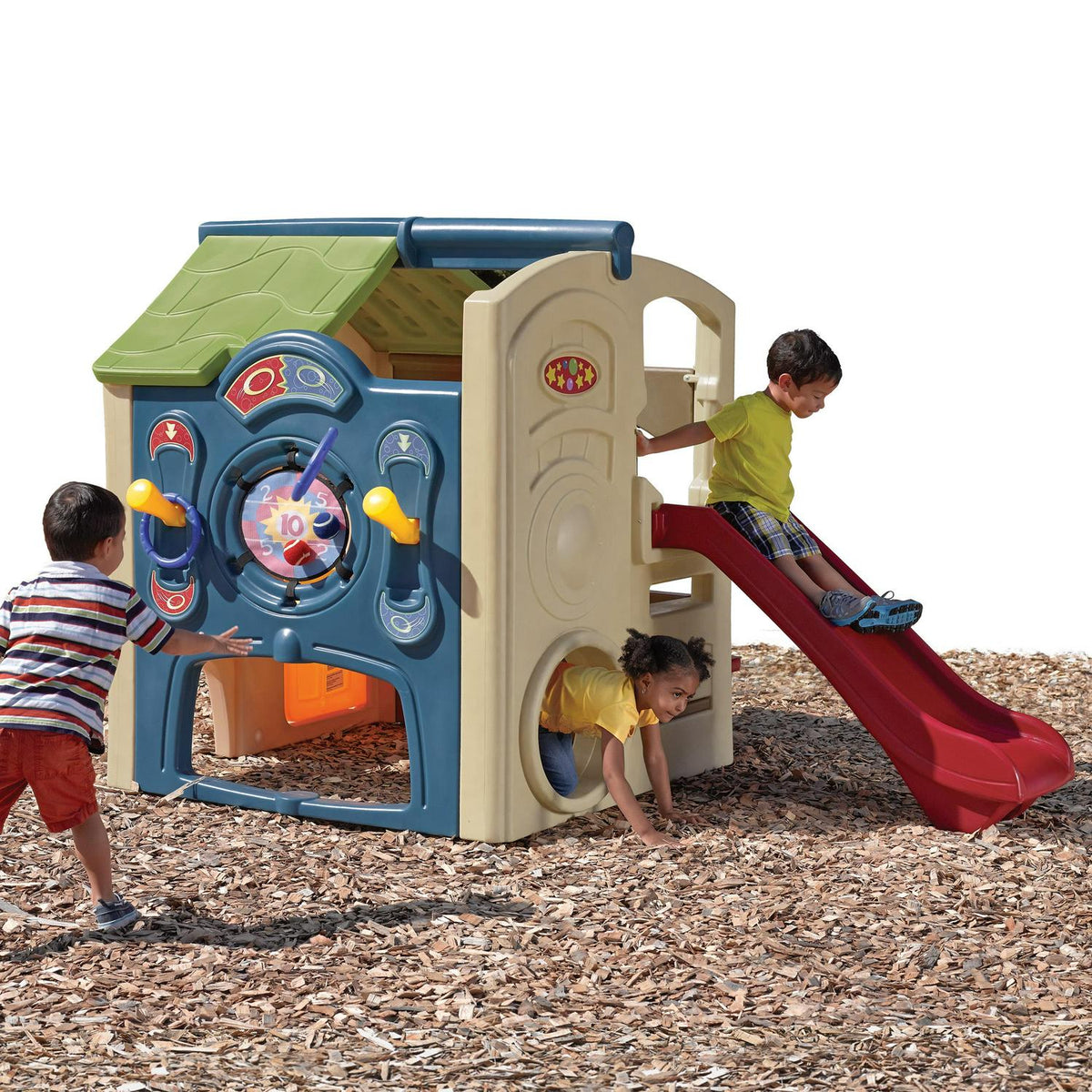 Step2 Neighborhood Fun Center Brown Playhouse with Slide Plastic Kids Outdoor Toys