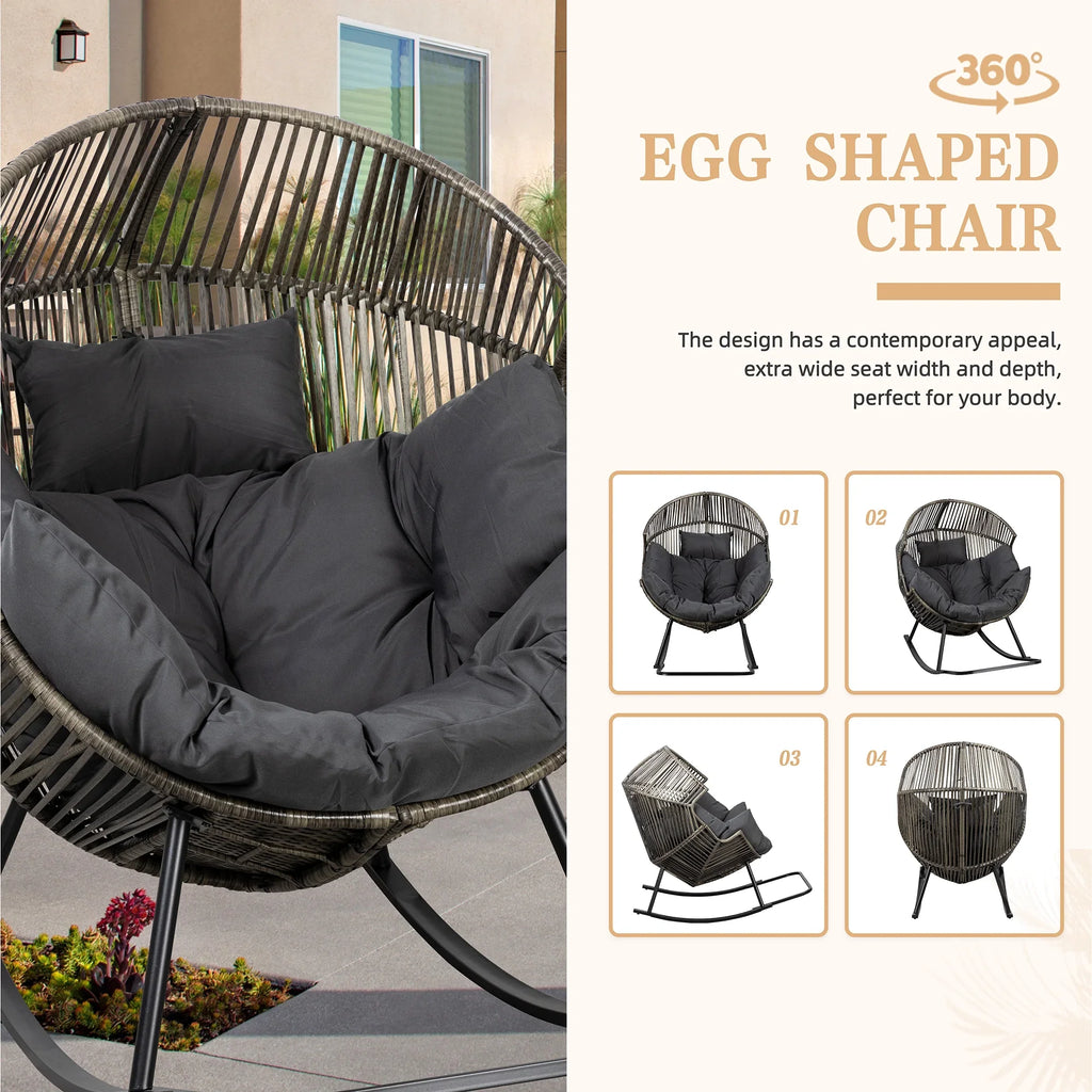 Walsunny Egg Chairs Outdoor Patio Wicker Oversized Egg Shell Lounger Lawn Chair with Cushion for Indoor Outside Porch Balcony Backyard, Original Wood Color Rattan Beige Cushion