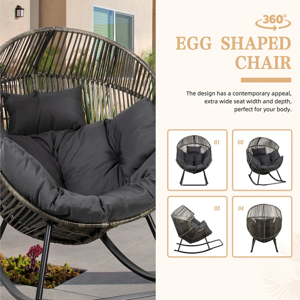 Walsunny Egg Chairs Outdoor Patio Wicker Oversized Egg Shell Lounger Lawn Chair with Cushion for Indoor Outside Porch Balcony Backyard, Original Wood Color Rattan Beige Cushion