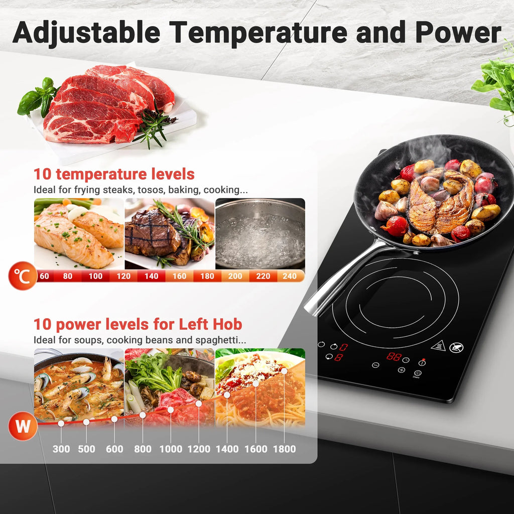 Sunmaki Electric Induction Cooktop 2 Burners, 12" Induction Stove for Fast Cooking, 1800W Electric Stove, Bulit-in&Countertop with Plug, 1800W 120V