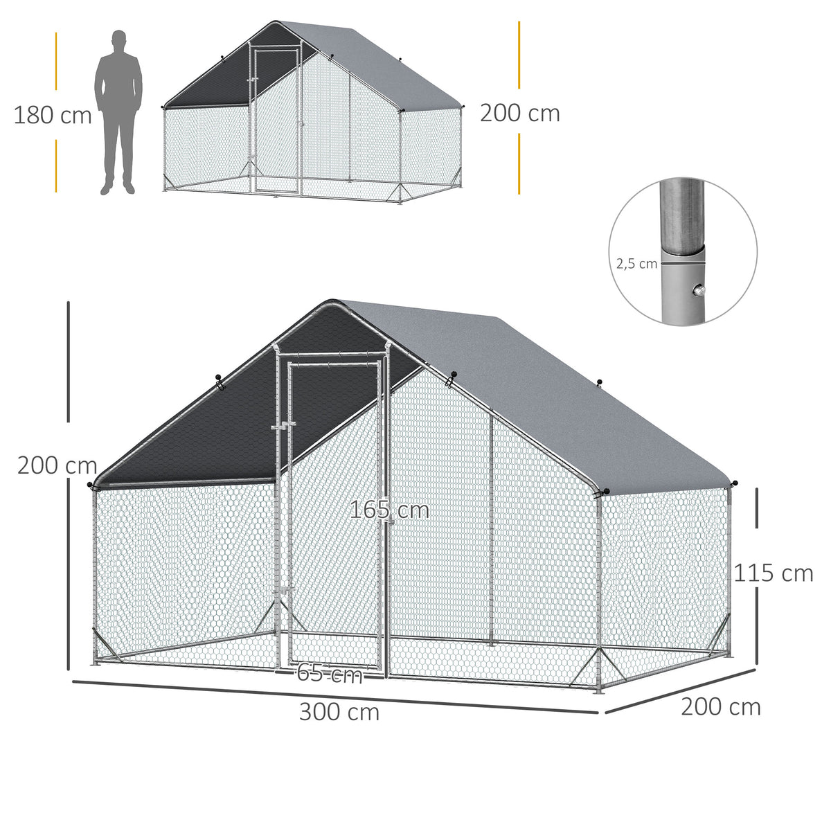 PawHut Hühnerstall, Freilaufgehege, Geflügelstall mit Schattendach, Freigehege für 4-6 Hühner, Enten Kaninchen, 3 x 2 x 2 m