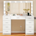 TEENFON 46" Vanity Desk with Large Lighted Mirror and Power Outlet, Makeup Vanity with 9 Drawers and Glass Desktop, Vanity Table for Bedroom, White