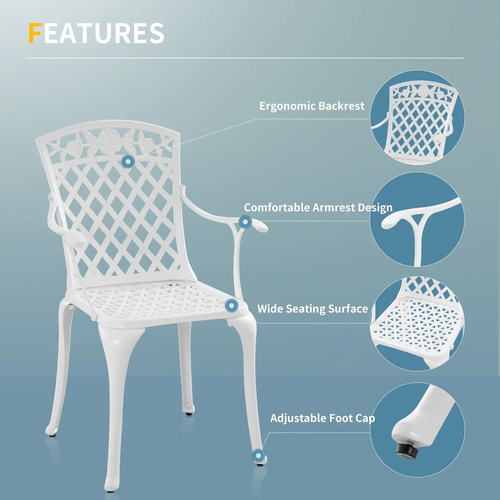 Withniture  Cast Aluminum Patio Furniture Outdoor Chairs Patio Bistro Chair Set of 2 with Armrest, Metal Chair for Garden, White