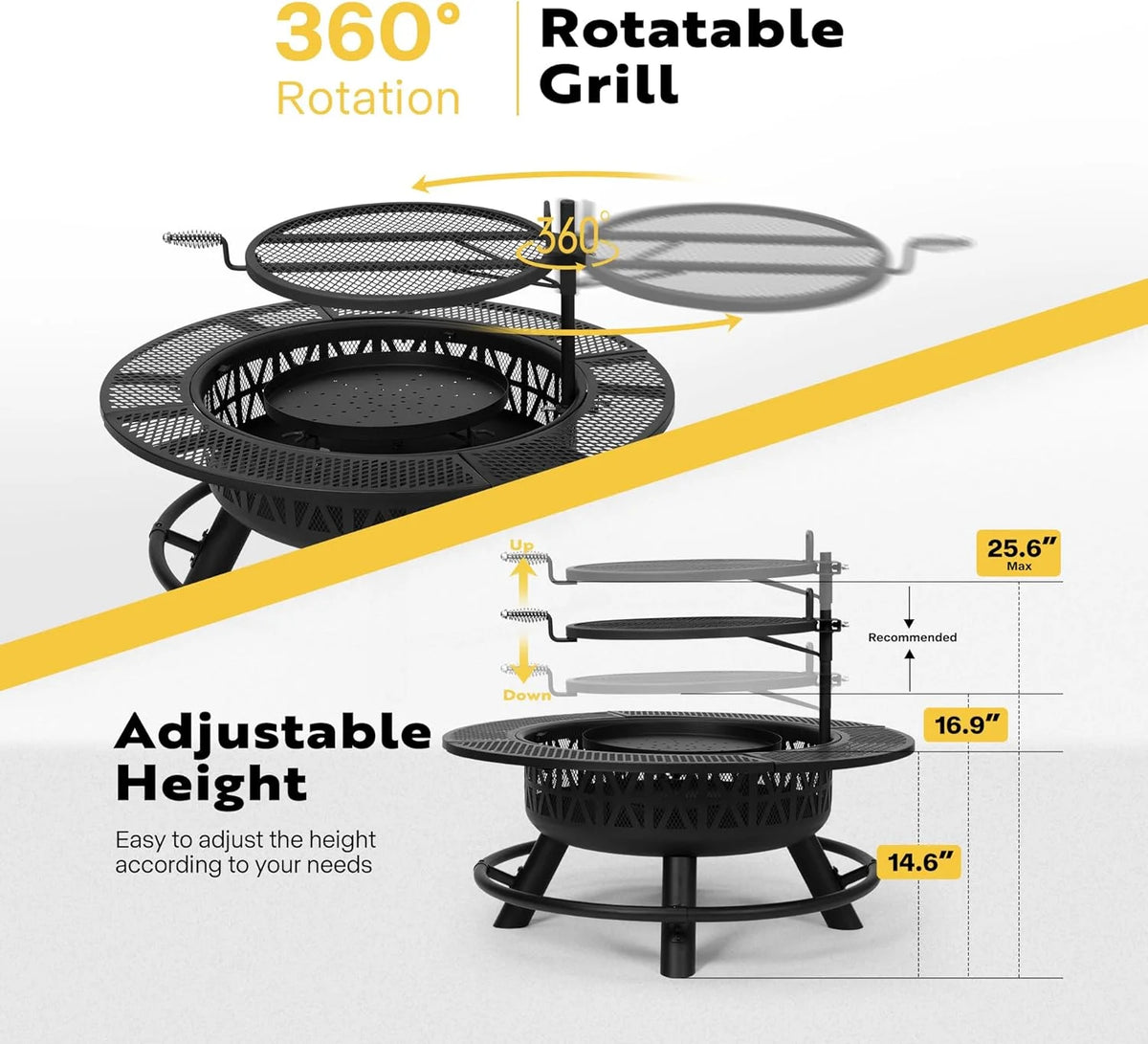 SPECSTAR 3 - in - 1 Fire Pit35 in Wood Burning Firepits with Cooking Grill Grate & Charcoal Pan & Cover Lid, Metal Table for Backyard Bonfire BBQ Outdoor Camping Picnic