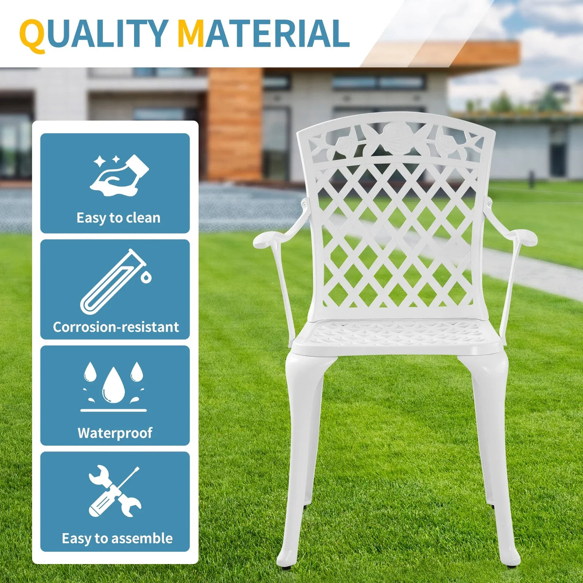 Withniture  Cast Aluminum Patio Furniture Outdoor Chairs Patio Bistro Chair Set of 2 with Armrest, Metal Chair for Garden, White