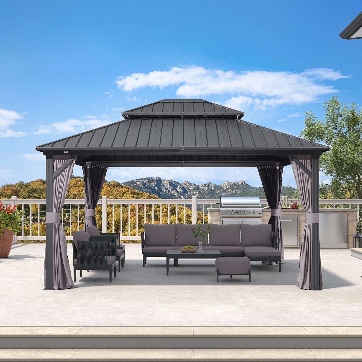 PURPLE LEAF 8' X 8' Gazebo Outdoor Gazebo Permanent Hardtop Gazebo with Galvanized Steel Double Roof for Patio Backyard Deck Aluminum Gazebo with Netting and Curtains Grey