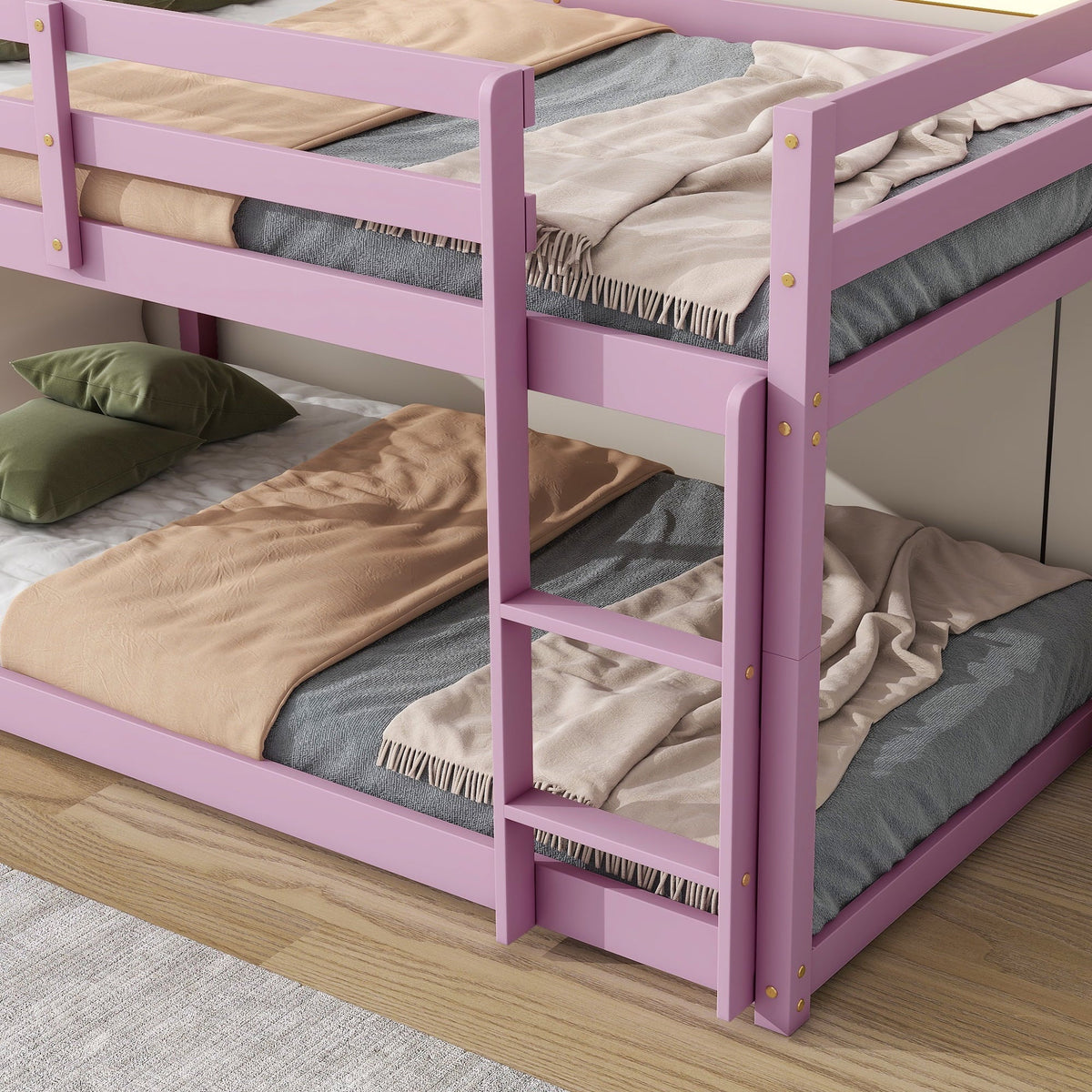 Twin Over Twin Floor Bunk Bed, UHOMEPRO Solid Wood Low Bunk Bed with Safety Rail, Ladder, Heavy Duty Bunk Beds, Space-Saving Bedroom Dorm Furniture, Gray