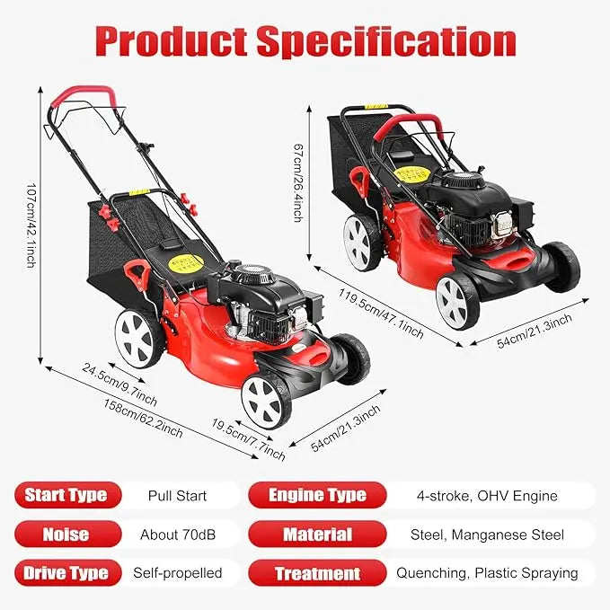 20-Inch Self-Propelled Gas Lawn Mower with 140cc OHV Engine – 3-in-1 Cutting, Adjustable Height for Municipal & Large-Scale Landscaping