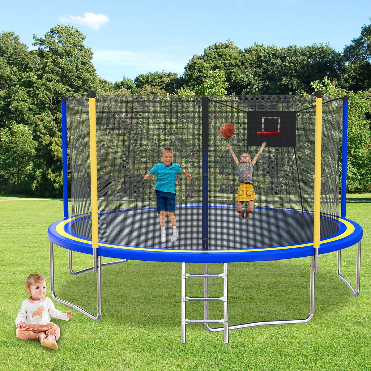 SHINPT 14ft Trampoline for Kids, Outdoor Trampoline with Net, Big Trampoline with Basketball Hoop and Ladder, Heavy Duty Trampoline with No-gap Design, Backyard Trampolines for Adult