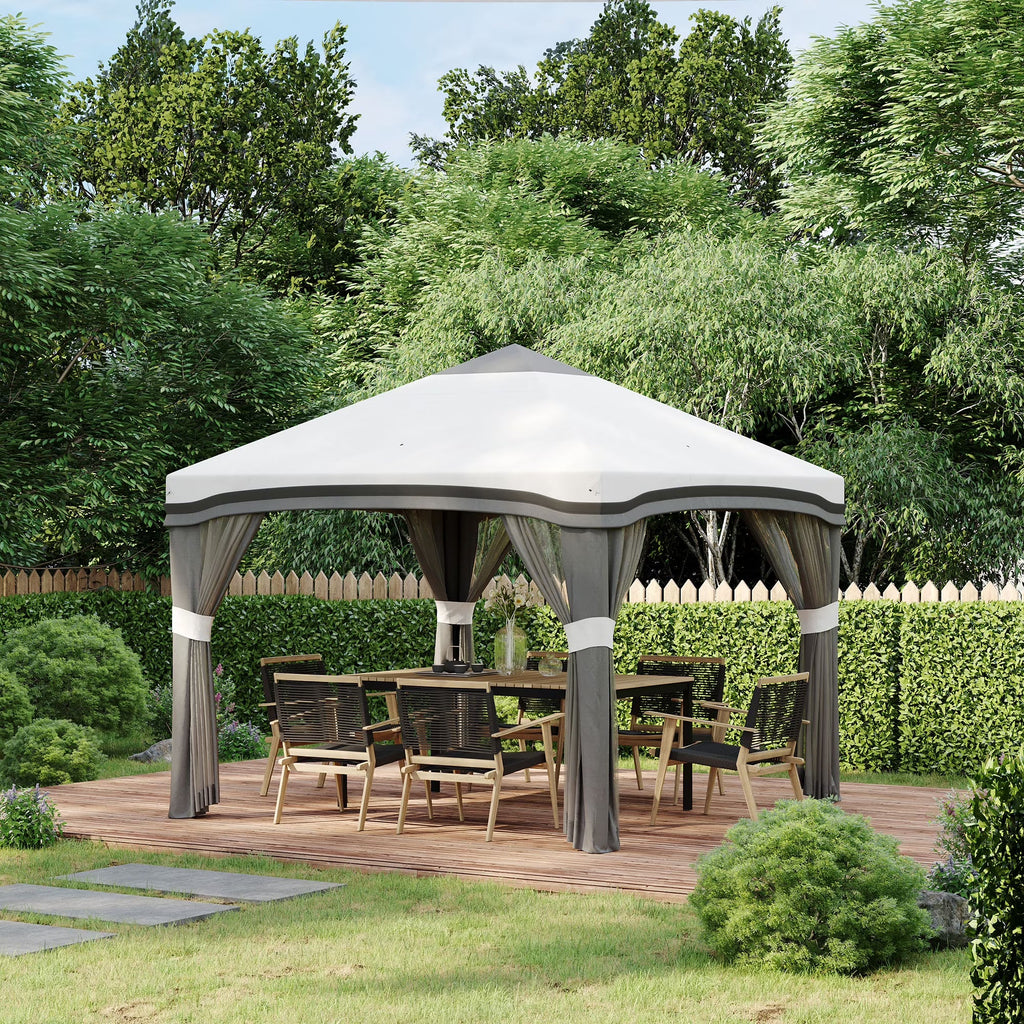 Outsunny 10' x 10' Pop Up Canopy with Nettings, Foldable Party Tent with Wheeled Carry Bag and 4 Sand Bags, Beige