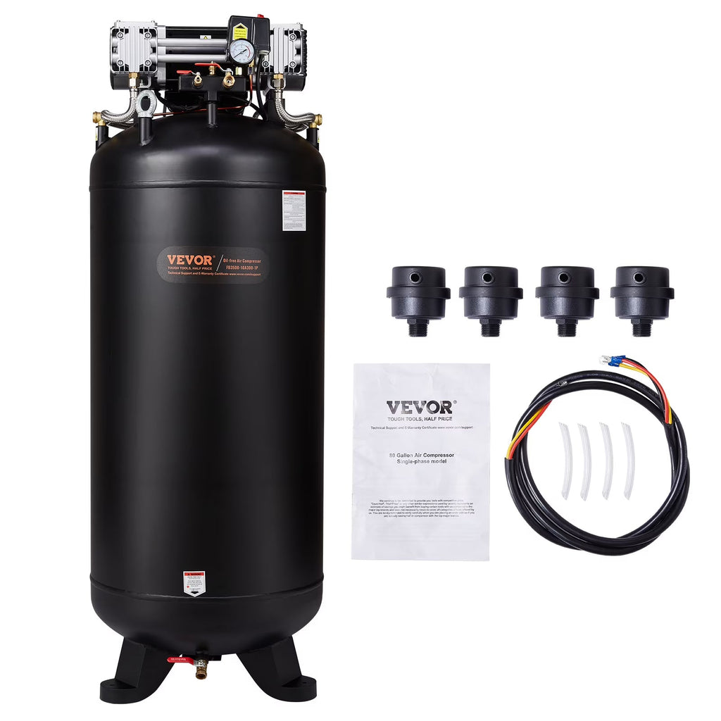 VEVOR 80 Gallon Compressor, 6.5HP, 15.5SCFM@90 PSI, Dual-Stage 145PSI, Oil-Free, 86dB Quiet Operation, Ideal for Manufacturing, Construction, Auto Repair