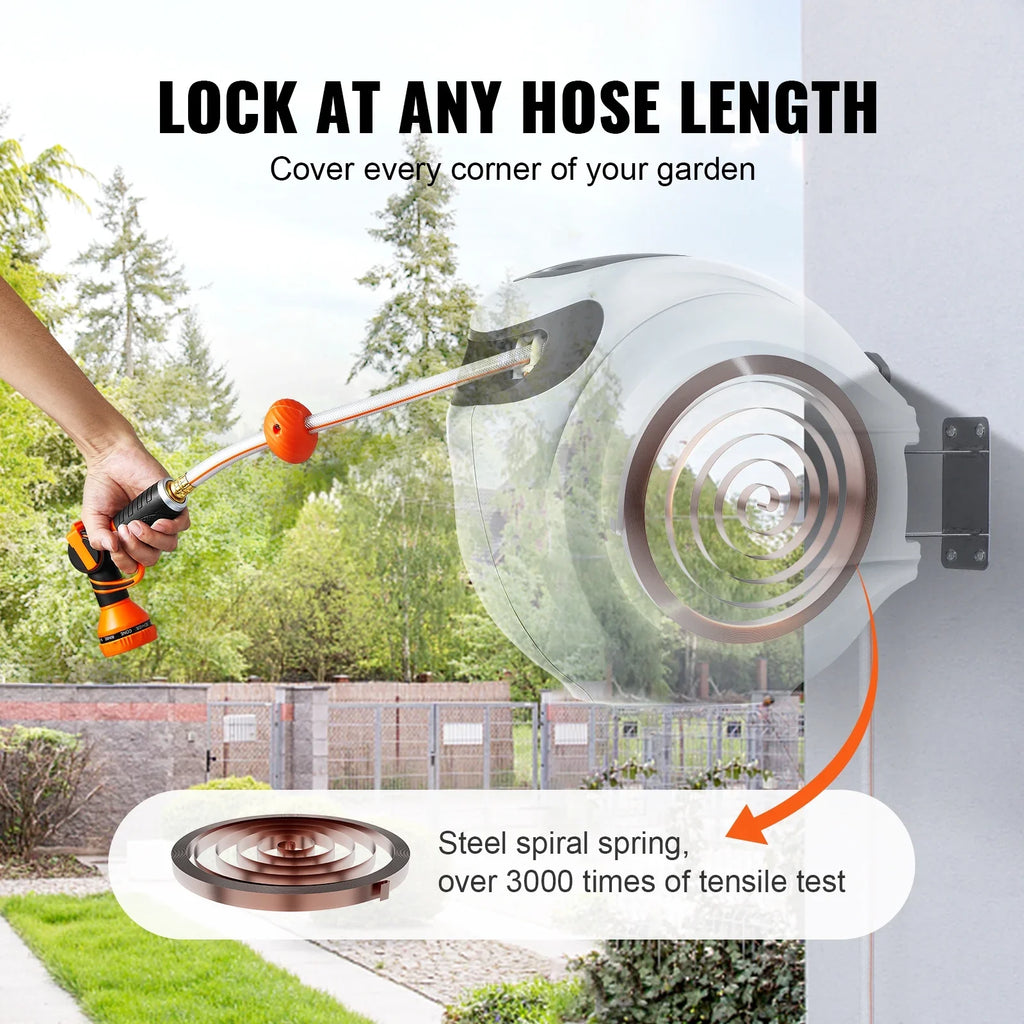 VEVOR Retractable Hose Reel, 100 ft x 1/2 inch, 180�� Swivel Bracket Wall-Mounted, Garden Water Hose Reel with 9-Pattern Nozzle, Automatic Rewind, Lock at Any Length, and Slow Return System