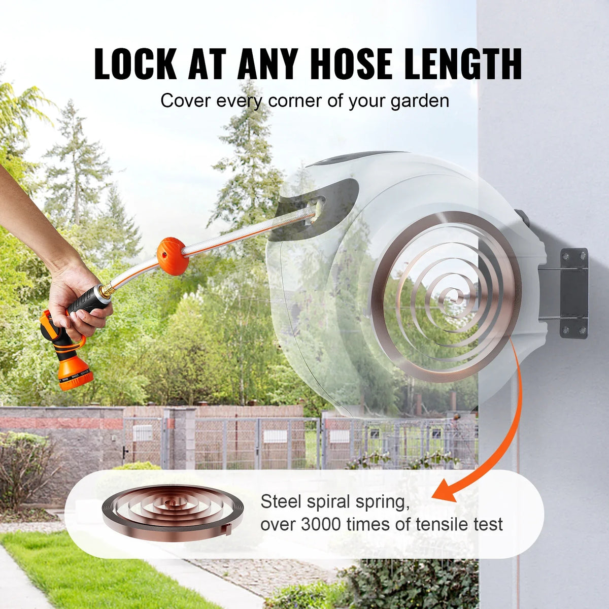 VEVOR Retractable Hose Reel, 100 ft x 1/2 inch, 180�� Swivel Bracket Wall-Mounted, Garden Water Hose Reel with 9-Pattern Nozzle, Automatic Rewind, Lock at Any Length, and Slow Return System