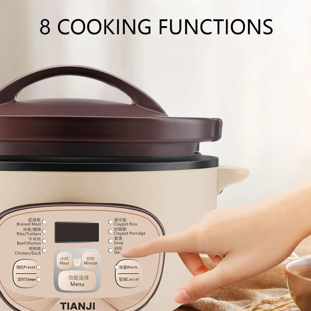 TIANJI Electric Claypot Crock Pot Stew Pot Rice Cooker Ceramic Soup Porridge Maker 3L,24h Pre-set