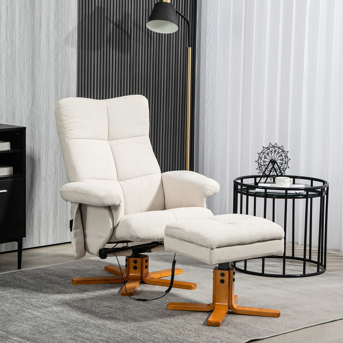 HOMCOM Massagesessel mit Liegefunktion und Fußhocker, 145°-Neigung, Polyester, 80 x 86 x 99 cm, Cremeweiß