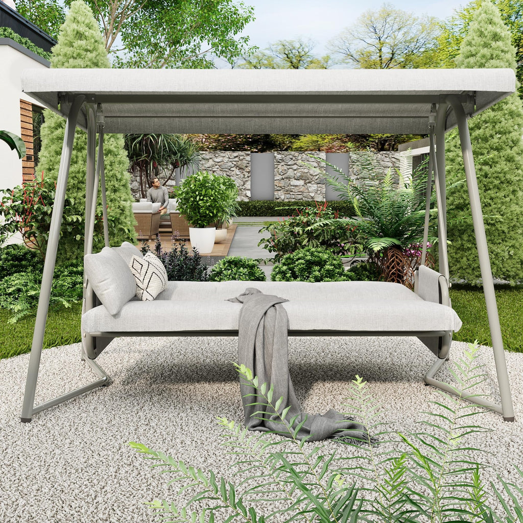 TQKVIPI Oversized 4 Person Outdoor Porch Swing with Adjustable Backrest Canopy,2-in-1 Swing Bed 800 lbs Capacity,Patio Swing with Removable Cushions for Yard Garden Poolside Balcony