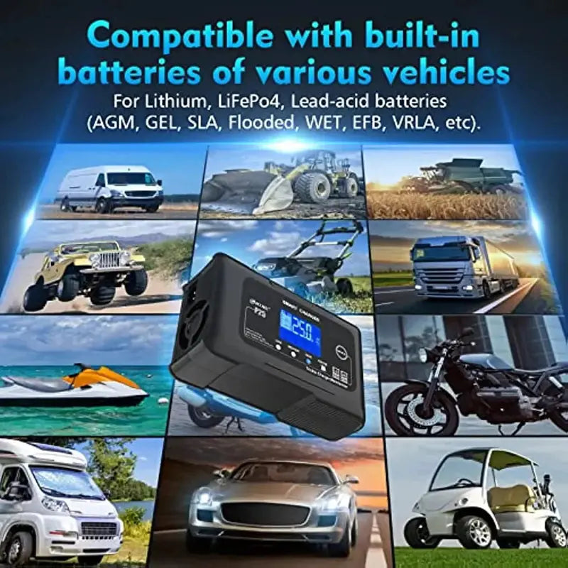 25A Smart Battery Charger – Dual-Voltage (12V/24V), Lithium & AGM Compatible, Trickle/Maintainer/Deep-Cycle Function