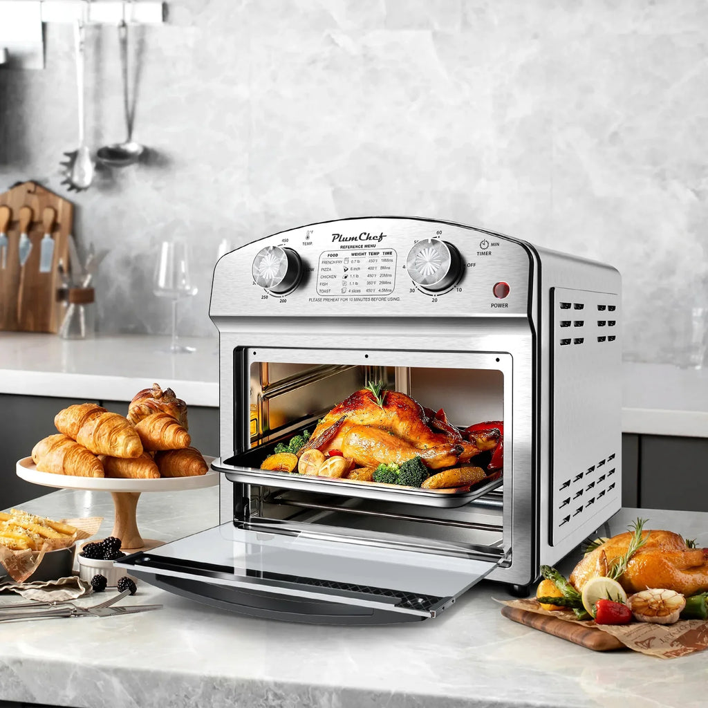 PlumChef 12 Quart 4 Slices Air Fryer Convection Toaster Oven, 1500W , 4 Cooking Modes,  7 in 1 Multifunction with Roast,  Bake, Grill, Broil, Toast, Dehydrate, Defrost, Stainless Stee