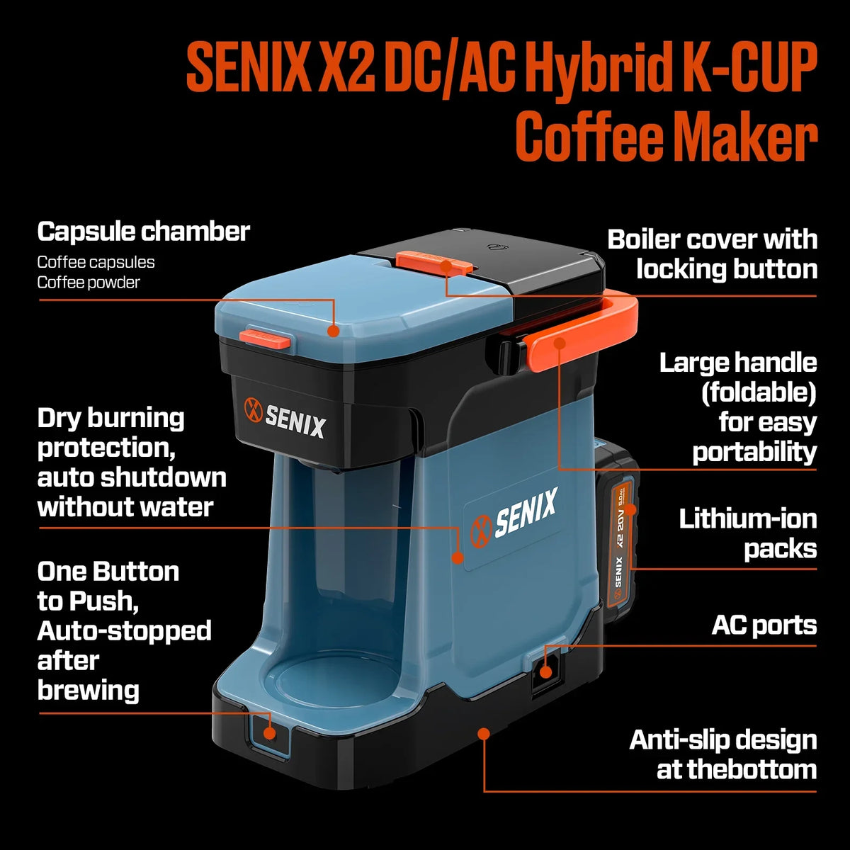 SENIX Single Serve Coffee Maker, Plug-in & Battery Coffee Machine, 8oz, Compatible with K-Cup, Grounds, Pods for Travel, Camping, Outdoor, Home, Job Sites �� Includes Battery & Charger