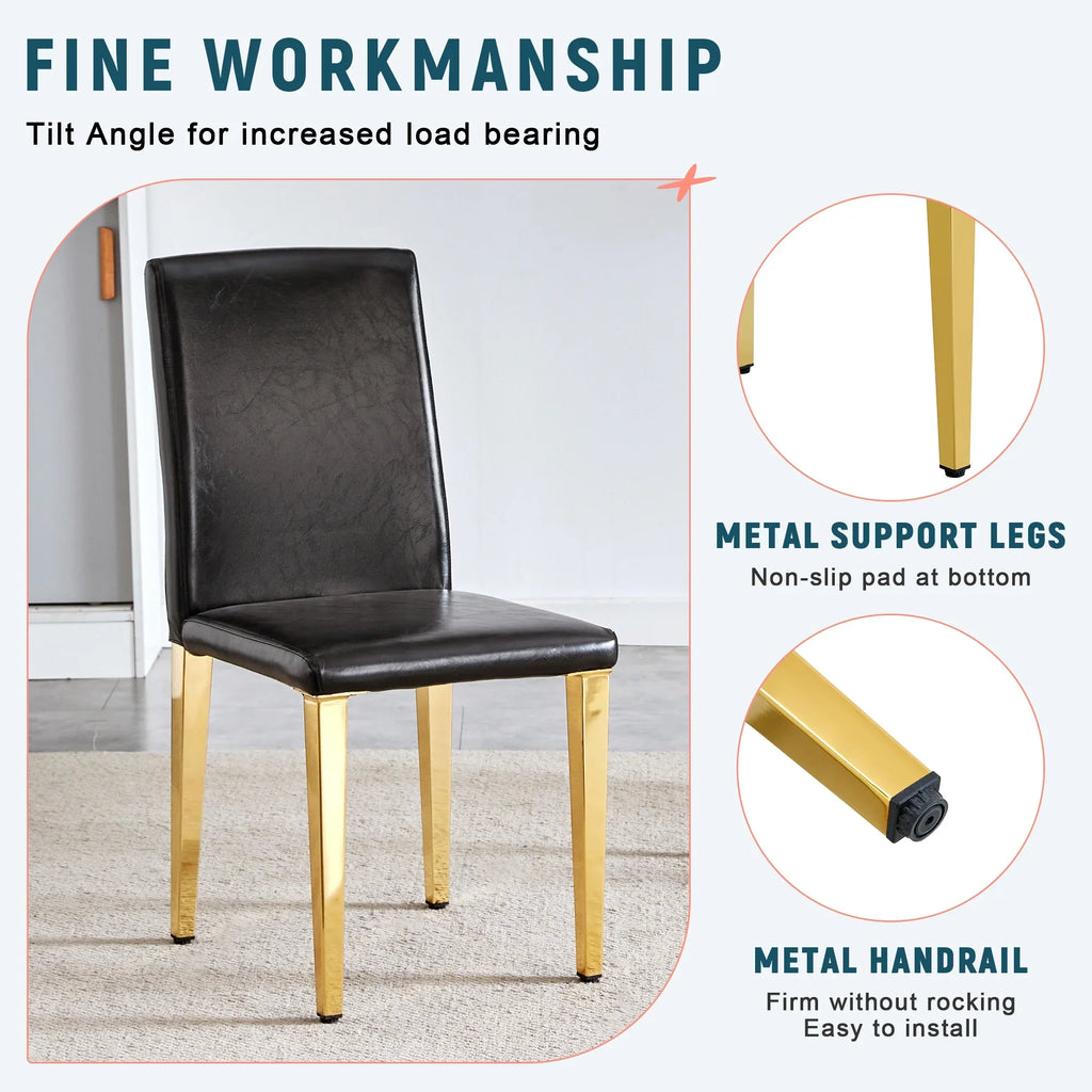 Set of 4 black PU leather backrest chairs with gold metal legs -A perfect pairing, ideal for minimalist and modern home decor styles, with product dimensions of 16.2*18.5*34.6 inches.