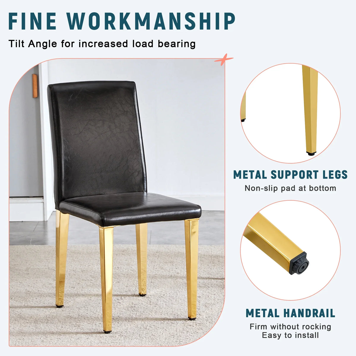 Set of 4 black PU leather backrest chairs with gold metal legs -A perfect pairing, ideal for minimalist and modern home decor styles, with product dimensions of 16.2*18.5*34.6 inches.