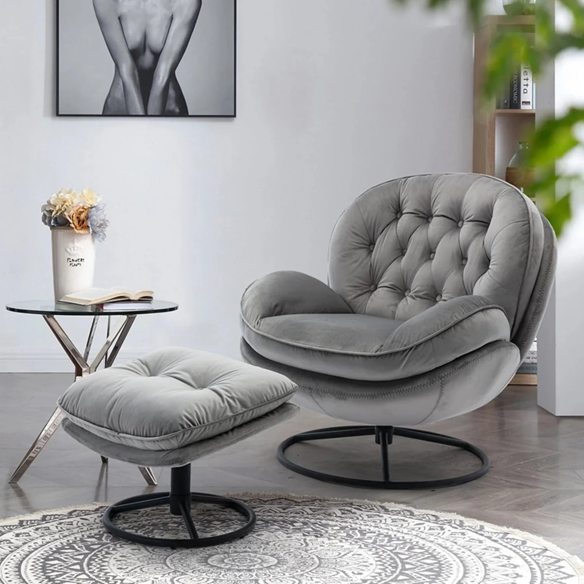 Velvet Swivel Accent Chair with Ottoman Set, Modern Lounge Chair with Footrest and Metal Base Comfy Armchair with 360 Degree Swiveling Single Sofa Chair Accent Chairs for Living Room, Green