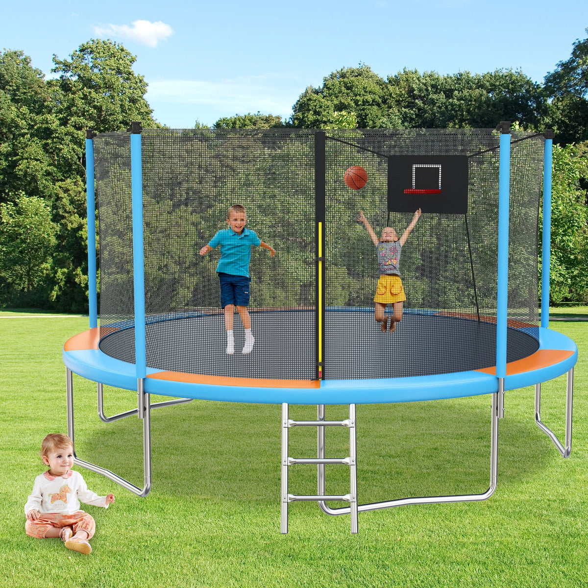 SHINPT 14ft Trampoline for Kids, Outdoor Trampoline with Net, Big Trampoline with Basketball Hoop and Ladder, Heavy Duty Trampoline with No-gap Design, Backyard Trampolines for Adult