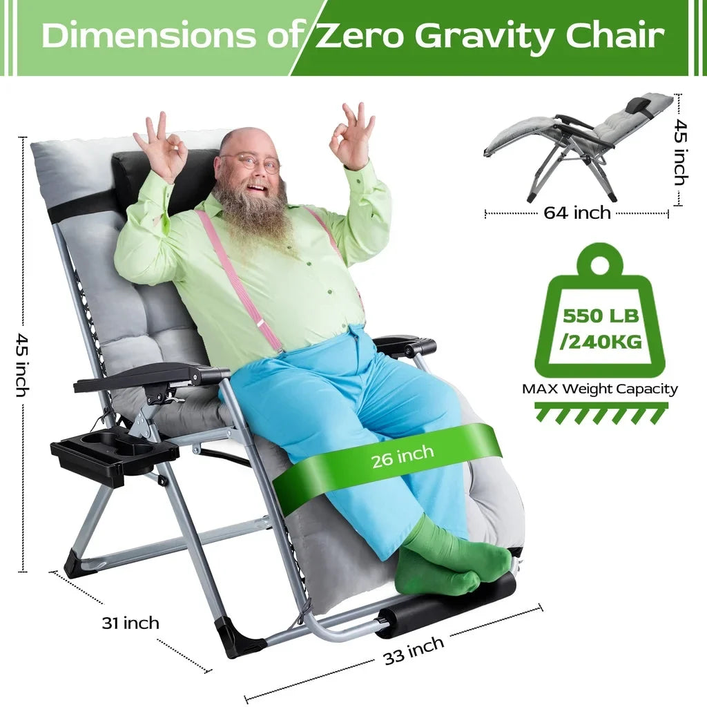 VECUKTY XXL Oversize Zero Gravity Chair - 500lb Capacity, 33-Inch Wide Padded Seat, Folding Travel Recliner for Outdoor / Indoor Use - Patio, Lawn, Black, Portable and Heavy Duty