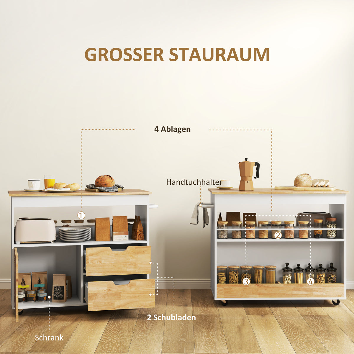HOMCOM Küchenwagen, Rollbare Kücheninsel, Küchen-Trolley mit Fächern, Schrank und Arbeitsfläche, Weiß