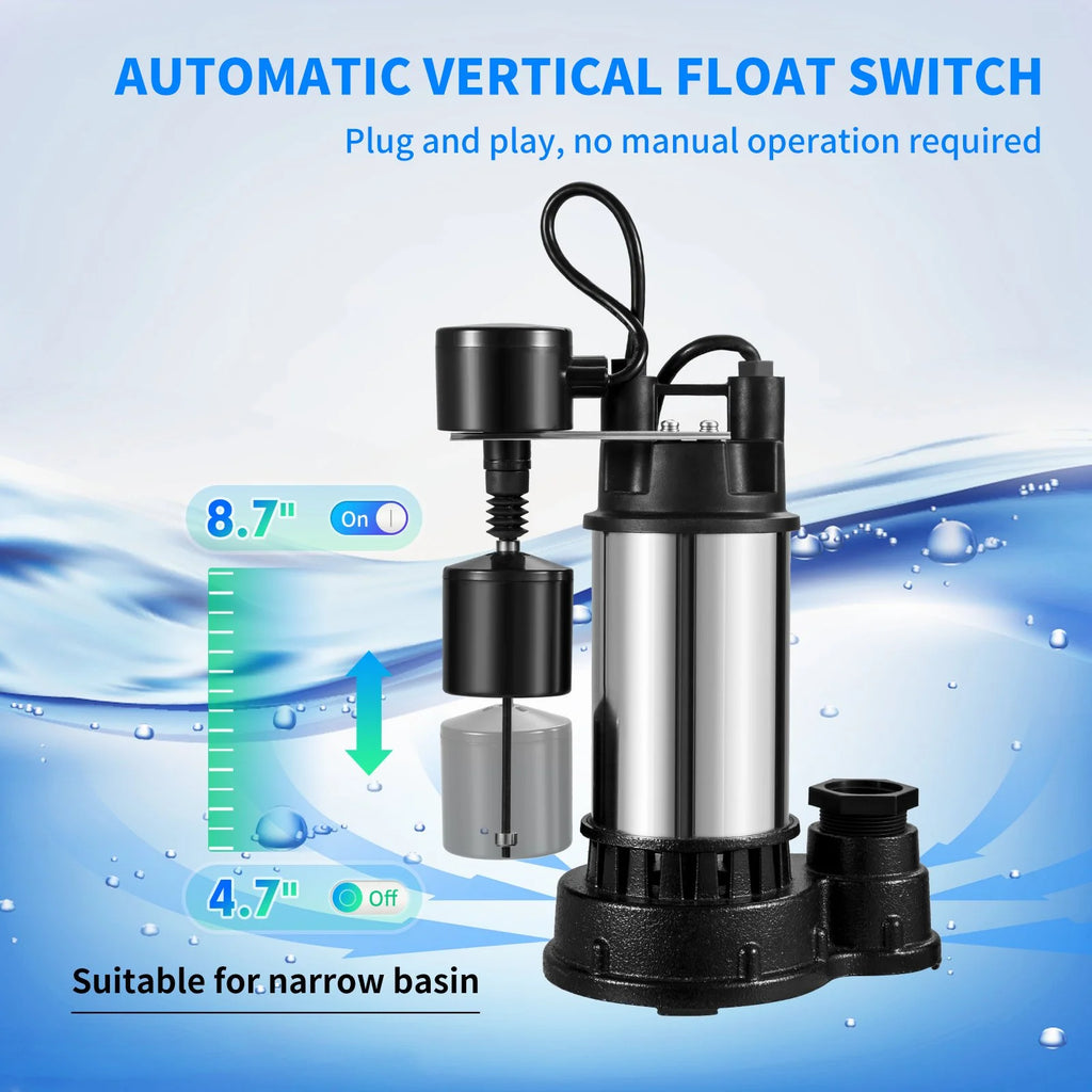 VEVOR Sump Pump, 1.5 HP 6000 GPH, Submersible Cast Iron and Stainless Steel Water Pump, 1 - 1/2" Discharge with 1 - 1/4" Adaptor, Automatic Vertical Float Switch, for Indoor Basement Water Basin