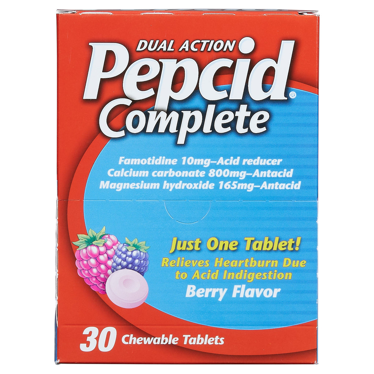 Pepcid Complete Dual Action Acid Reducer and Antacid, Chewable Tablet, Berry, Dispenser Pack, 30-count