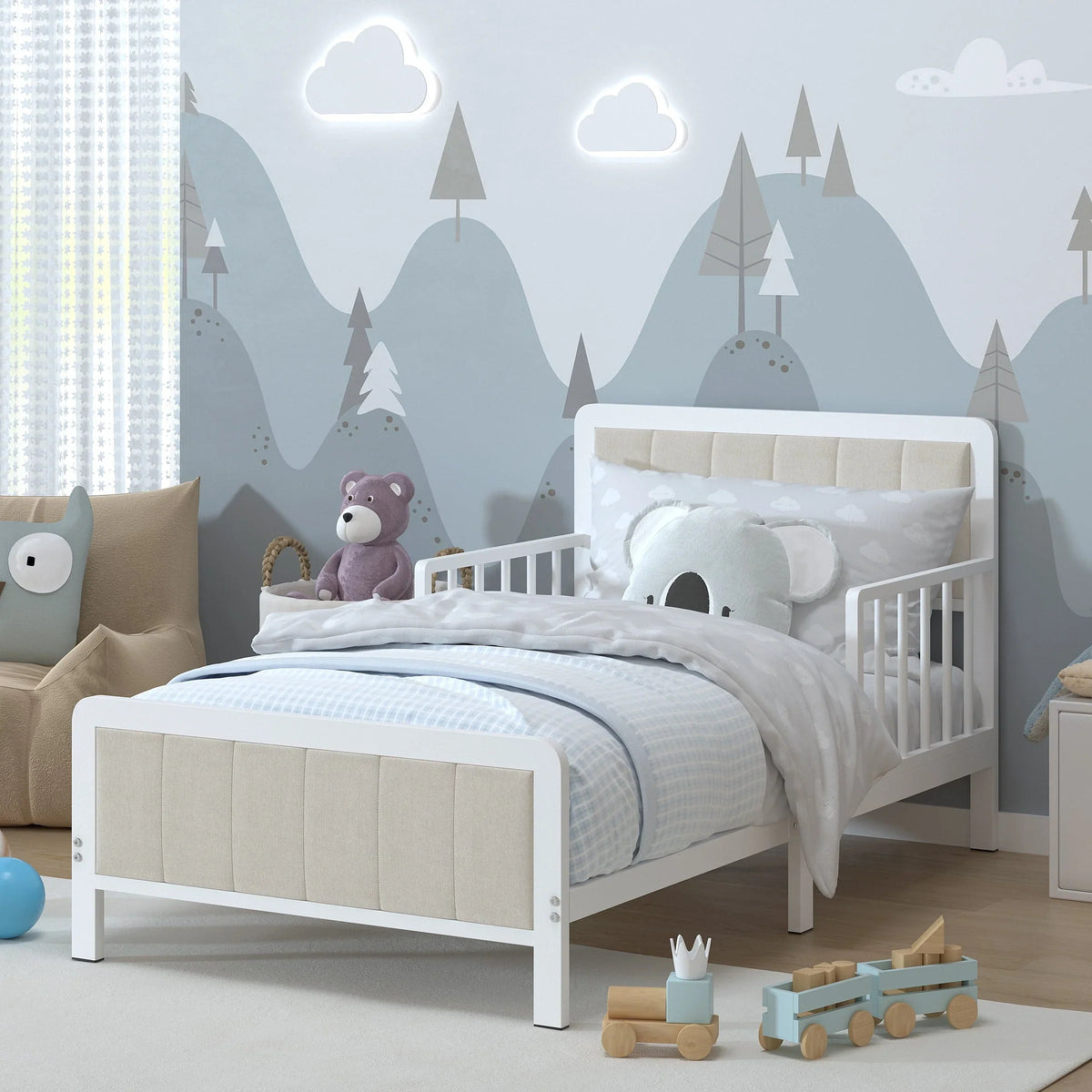Yoneston Toddler Metal Platform Bed Frame with Guardrails, Children Crib Upholstered Bed Frame for Boys, Girls, Toddler �?White
