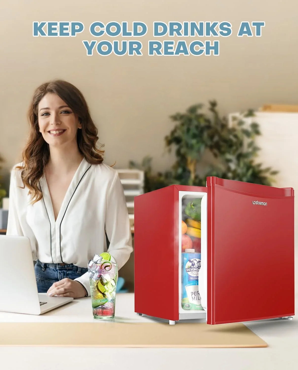Upstreman 1.7 Cu.ft Mini Fridge with Freezer, Dorm Essentials, Adjustable Thermostat, Energy Saving, Low Noise, Single Door Compact Refrigerator for Dorm, Office, Bedroom, Red-FR17
