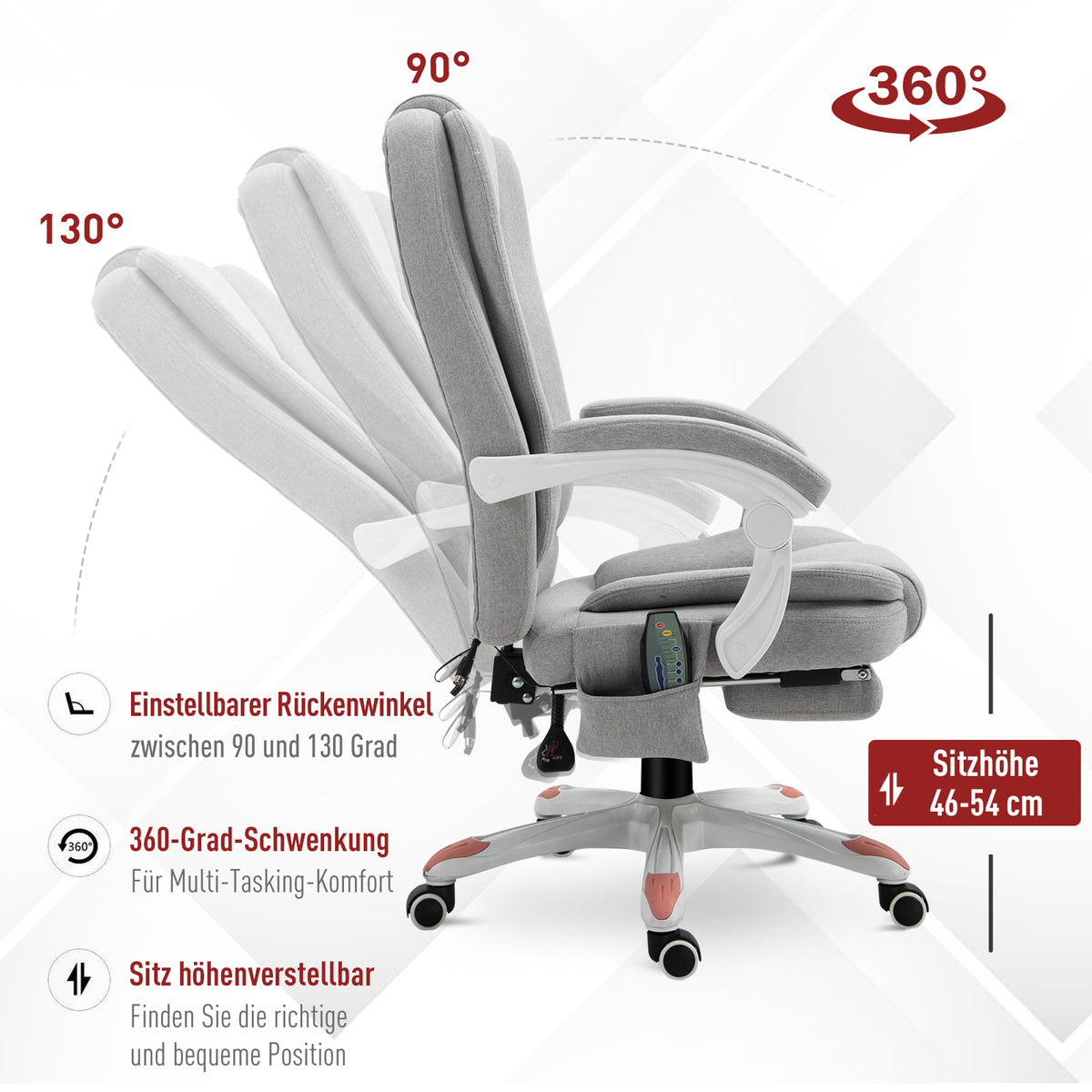 Vinsetto Massage Sessel, Bürostuhl, Gaming Stuhl, Polyester, Schaumstoff, Nylon, Grau, 66 x 63 x 107-115 cm