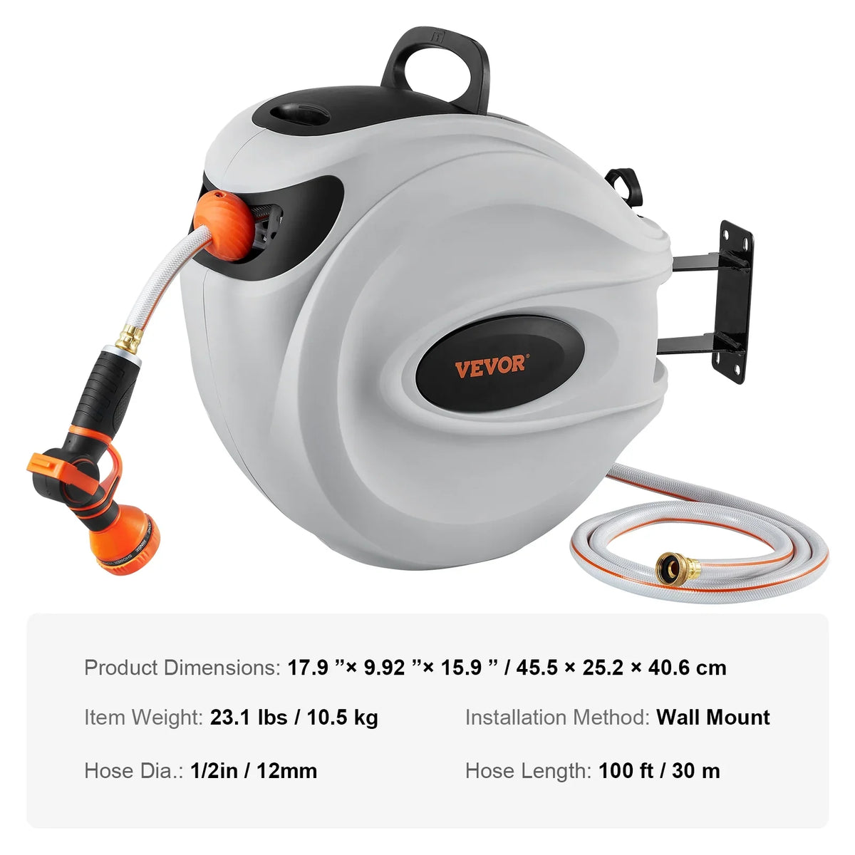 VEVOR Retractable Hose Reel, 100 ft x 1/2 inch, 180�� Swivel Bracket Wall-Mounted, Garden Water Hose Reel with 9-Pattern Nozzle, Automatic Rewind, Lock at Any Length, and Slow Return System